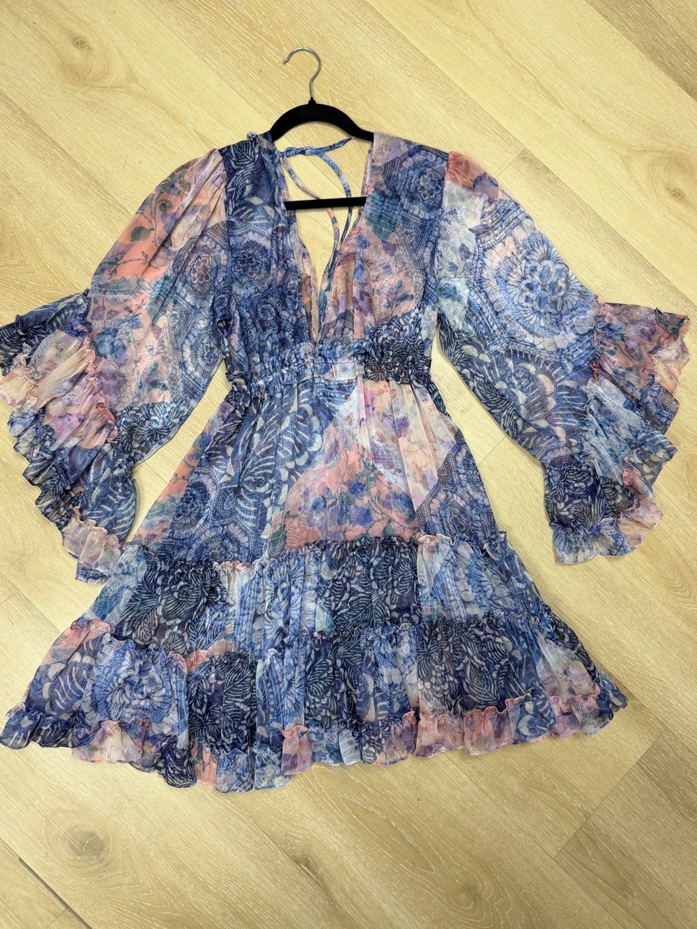 Misa Los Angeles Blue & Pink semi sheer Floral butterfly sleeves Mini Dresss S